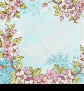 Blooming sakura tree branch frame pattern with blue flowers on background vector illustration