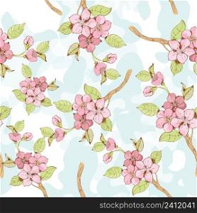 Blooming sakura tree branch seamless pattern with blue blotchiness on background vector illustration
