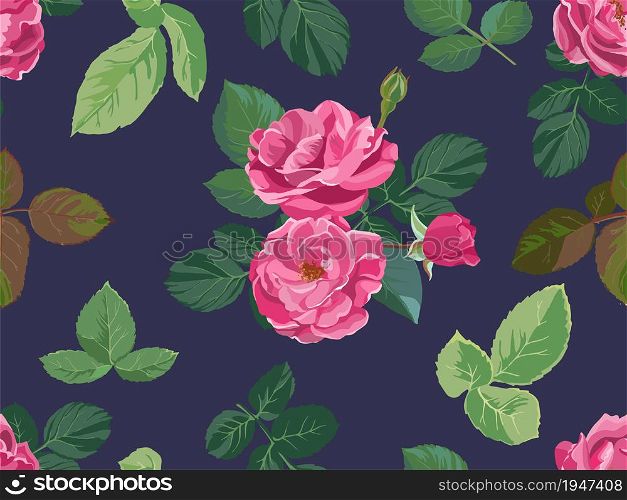 Blooming spring or summer roses or peonies seamless pattern. Decoration for feminine background, floral print with flourishing and foliage. Realistic houseplant in bloom. Vector in flat style. Flower print, blooming roses seamless pattern