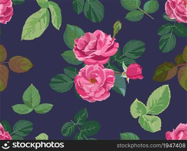 Blooming spring or summer roses or peonies seamless pattern. Decoration for feminine background, floral print with flourishing and foliage. Realistic houseplant in bloom. Vector in flat style. Flower print, blooming roses seamless pattern