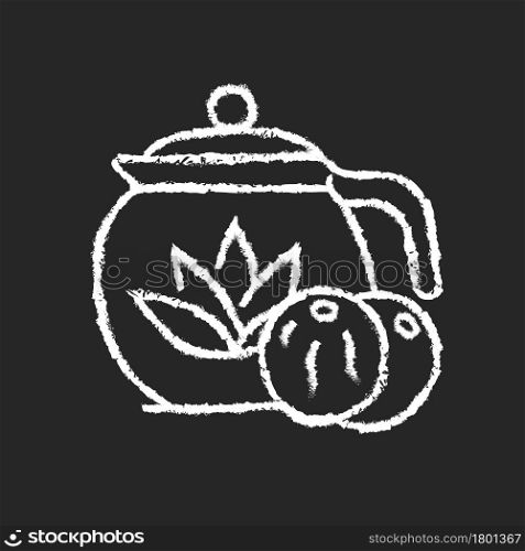 Blooming tea chalk white icon on dark background. Tea leaves dried with flowers. Exotic beverage brews in transparent teapot and mug. Chinese drink. Isolated vector chalkboard illustration on black. Blooming tea chalk white icon on dark background