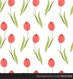 Blooming tulip flowers with tender petals, stems and leaves. Background or print for 8 march or mothers day, celebration or greeting card. Blossom and flourishing. Seamless pattern, vector in flat. Red tulips bouquet, spring flowers pattern vector