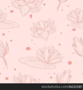 Blooming water lilies, flourishing plants with petals and leaves. Floral decoration sketch with leafage and blossom design. Seamless pattern, wallpaper print or background. Vector in flat style. Flowers in blossom, blooming water lilies vector