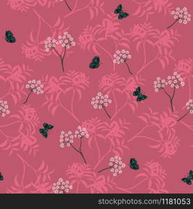 Blooming white floral seamless pattern with butterfly on monotone pink background,vector illustration