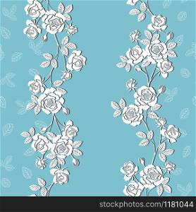 Blooming white garden roses seamless pattern on soft blue background,for decorative,apparel,fashion,fabric,textile,print or wallpaper,vector illustration