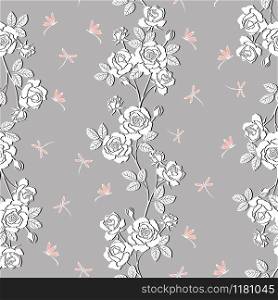 Blooming white roses garden with dragonfly seamless pattern for decorative,apparel,fashion,fabric,textile,print or wallpaper,vector illustration
