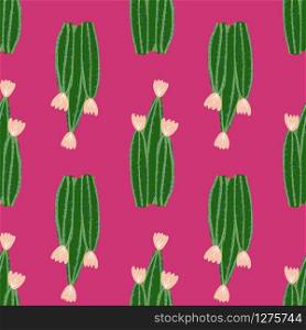 Blossom cactus seamless pattern in doodle style. Geometric cacti wallpaper. Abstract botanical exotic backdrop. Design for fabric, textile print, wrapping paper. Modern vector illustration. Blossom cactus seamless pattern in doodle style. Geometric cacti wallpaper.