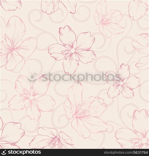 Blossom cherry on seamless pattern. Vector illustration.