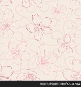 Blossom cherry on seamless pattern. Vector illustration.