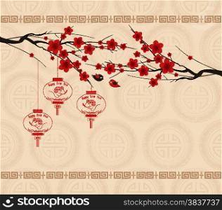 blossom floral background with red chinese lanterns