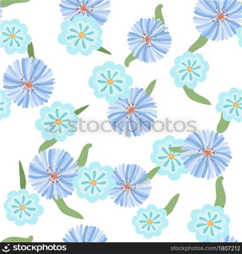 Blossom floral seamless pattern. Blue Vintage background. Blooming realistic isolated flowers. Hand drawn vector