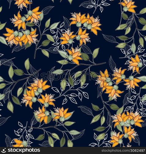 Blossom floral seamless pattern. Vintage background. Blooming realistic isolated flowers. Hand drawn vector illustration.