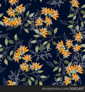 Blossom floral seamless pattern. Vintage background. Blooming realistic isolated flowers. Hand drawn vector illustration.