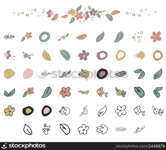 Blossom, leaf, flower crown, abstract element set collection. Hand drawn vector isolated.. Blossom, leaf, flower crown, abstract element set collection. Hand drawn vector.