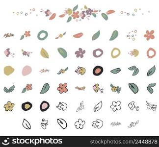 Blossom, leaf, flower crown, abstract element set collection. Hand drawn vector isolated.. Blossom, leaf, flower crown, abstract element set collection. Hand drawn vector.