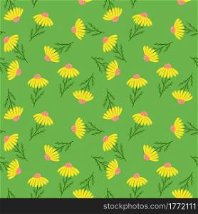 Blossom ornament seamless pattern with random yellow daisy flowers silhouettes print. Green background. Decorative backdrop for fabric design, textile print, wrapping, cover. Vector illustration.. Blossom ornament seamless pattern with random yellow daisy flowers silhouettes print. Green background.