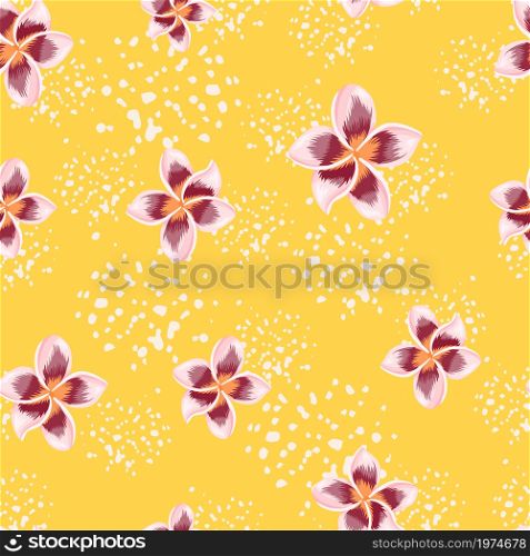 Blossom plumeria flower seamless pattern on yellow background. Exotic tropical wallpaper. Abstract botanical backdrop. Design for fabric , textile print, wrapping, cover. Vector illustration.. Blossom plumeria flower seamless pattern on yellow background.