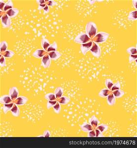 Blossom plumeria flower seamless pattern on yellow background. Exotic tropical wallpaper. Abstract botanical backdrop. Design for fabric , textile print, wrapping, cover. Vector illustration.. Blossom plumeria flower seamless pattern on yellow background.