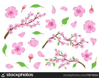 Blossom sakura pink flowers, buds, leaves and tree branches. Spring japanese cherry floral elements. Apple or peach bloom flower vector set. Natural asian traditional blooming and foliage. Blossom sakura pink flowers, buds, leaves and tree branches. Spring japanese cherry floral elements. Apple or peach bloom flower vector set