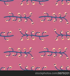 Blossom seamless flora pattern with navy blue colored berry branches ornament. Pink background. Designed for fabric design, textile print, wrapping, cover. Vector illustration. Blossom seamless flora pattern with navy blue colored berry branches ornament. Pink background.