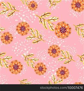 Blossom seamless pattern with orange random flower silhouettes shapes. Pink background with splashes. Great for fabric design, textile print, wrapping, cover. Vector illustration.. Blossom seamless pattern with orange random flower silhouettes shapes. Pink background with splashes.