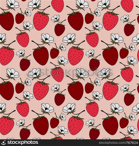 Blossom strawberries seamless pattern. Red berry vector background for textile and wrapping design. Blossom strawberries seamless pattern. Red berry vector background for textile and wrapping design.