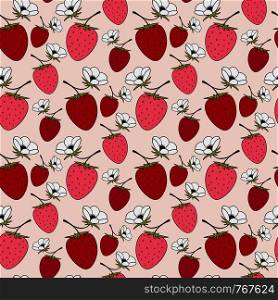 Blossom strawberries seamless pattern. Red berry vector background for textile and wrapping design. Blossom strawberries seamless pattern. Red berry vector background for textile and wrapping design.