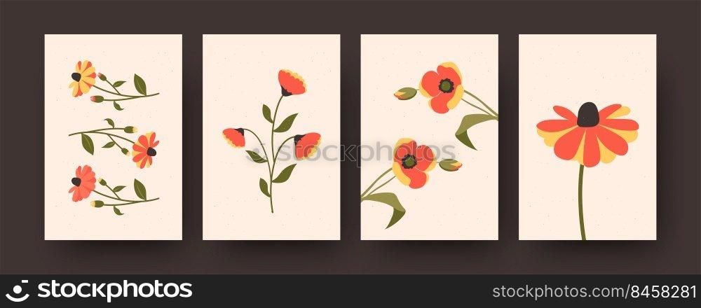 Blossoming summer flowers collection of contemporary art posters. Set of four pastel botanic shapes. Beige gentle background. Postcard invitation design. Flowers and blossom concept for banners, website design or backgrounds