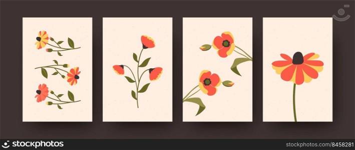 Blossoming summer flowers collection of contemporary art posters. Set of four pastel botanic shapes. Beige gentle background. Postcard invitation design. Flowers and blossom concept for banners, website design or backgrounds