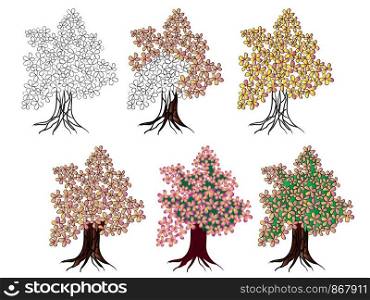 Blossoming tree with roots, variations of coloring, contour. Blossoming tree with roots, variations of coloring
