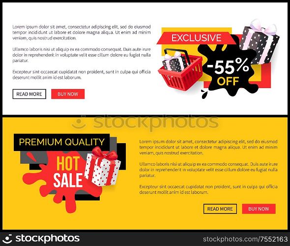 Blot and ribbons with wrapped presents gifts on landing pages, clearance and promotion, special offer adverts. Best choice 55 percent sale, vector. Blot and Ribbons, Wrapped Presents Gifts on Pages