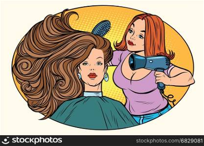 blow drying women hair Barber. Comic book cartoon pop art retro style vector illustration. blow drying women hair Barber