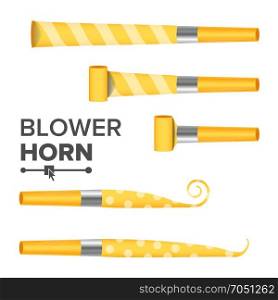 Blower Horn Vector. Yellow Party Blower Sign. Isolated Illustration. Party Horn Set Vector. Color Penny Whistle. Top View. Isolated