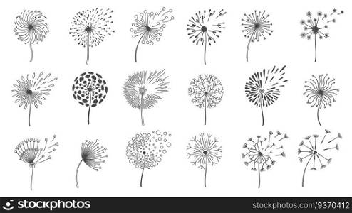 Blowing dandelion seeds. Silhouettes of fluffy wish flowers, spring blossom dandelions blown by wind. Nature floral logo design vector set. Flying various plant buds isolated on white. Blowing dandelion seeds. Silhouettes of fluffy wish flowers, spring blossom dandelions blown by wind. Nature floral logo design vector set