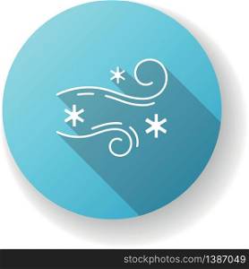 Blowing snow blue flat design long shadow glyph icon. Windy weather, meteorological forecast. Strong snowstorm, windstorm, blizzard. Cold wind with snowflakes. Silhouette RGB color illustration. Blowing snow blue flat design long shadow glyph icon