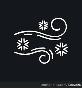 Blowing snow chalk white icon on black background. Windy weather, meteorological forecast. Strong snowstorm, windstorm, blizzard. Cold wind with snowflakes. Isolated vector chalkboard illustration. Blowing snow chalk white icon on black background