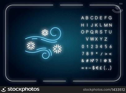 Blowing snow neon light icon. Outer glowing effect. Windy weather, meteorological forecast sign with alphabet, numbers and symbols. Cold wind with snowflakes. Vector isolated RGB color illustration. Blowing snow neon light icon