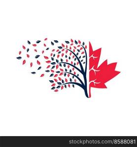 Blowing tree and maple leafs logo design. Canada business sign. 