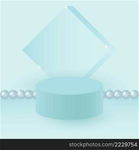 Blue 3d cylindrical stage podium or pedestal. Minimal product presentation platform against the backdrop of an abstract composition with pearls. Pastel vector background.. Blue 3d cylindrical stage podium or pedestal. 