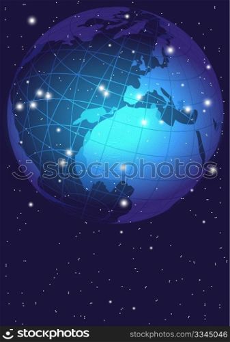 Blue Abstract Background - Night Sky With Globe, World Map