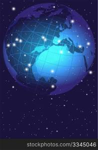 Blue Abstract Background - Night Sky With Globe, World Map