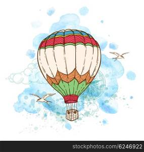 Blue abstract background with air balloon and watercolor blots. Hand drawn vector illustration.