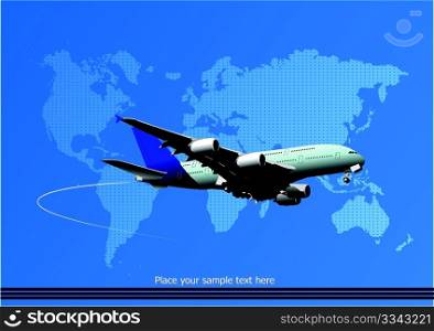 Blue abstract background with passenger plane and world map images. Vector illustration