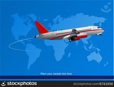 Blue abstract background with passenger plane and world map images. Vector illustration