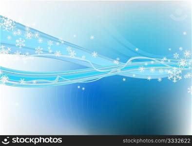 Blue abstract background with waves, ribbons and snowflakes. Vector illustration.