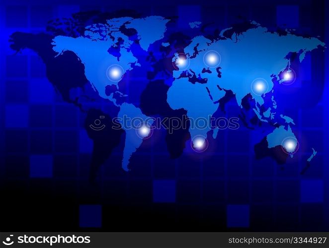 Blue abstract background with world map and arrows