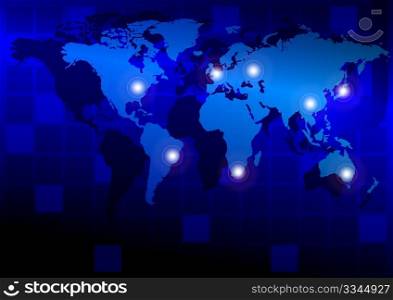 Blue abstract background with world map and arrows