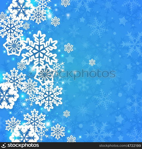 Blue abstract decorative Christmas background with white paper snowflakes. Vector illustration.