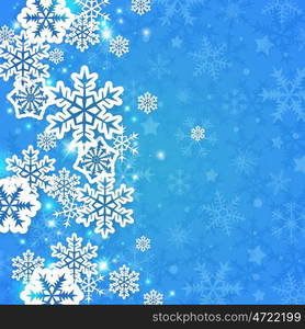 Blue abstract decorative Christmas background with white paper snowflakes. Vector illustration.