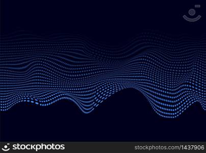 Blue abstract soundwave for web banner. 3D glowing musical wave of particles. Vector illustration. Abstract wavy particles surface on dark blue background. Soundwave of particles. Music abstract background with 3d grid. vector eps10